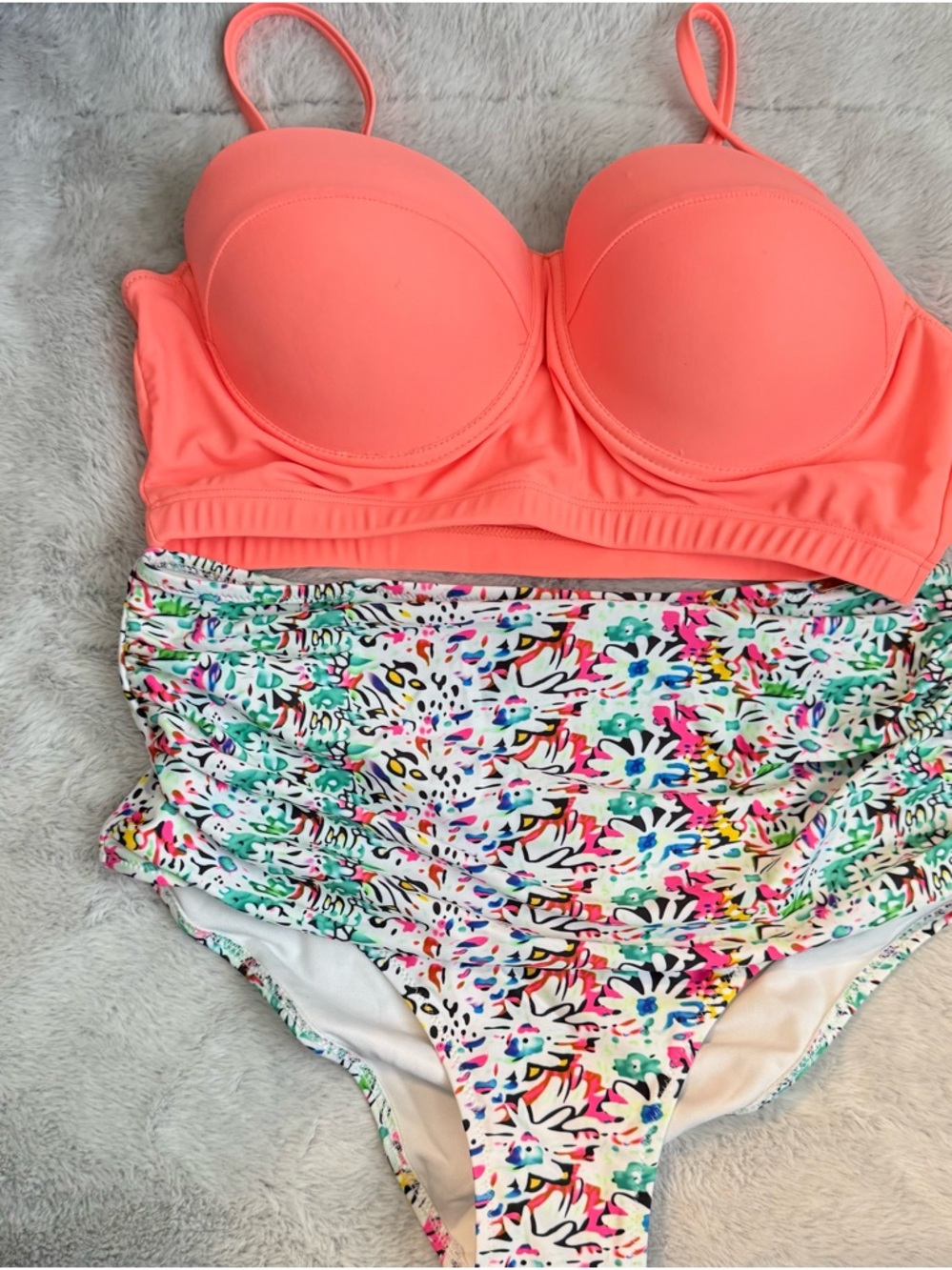 Coral Padded Bikini Top with High-Waist Multicolor Floral Bottom